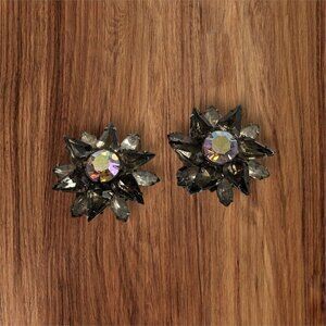 Vintage Beau Jewels Clip‎ On Earrings flower aurora borealis 1.5 inch Estate